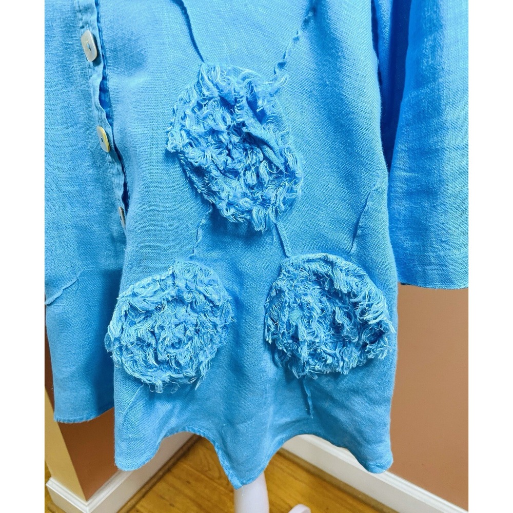 Ali Miles linen shirt Small resort tunic art to wear flowers Aqua blue - Picture 3 of 9
